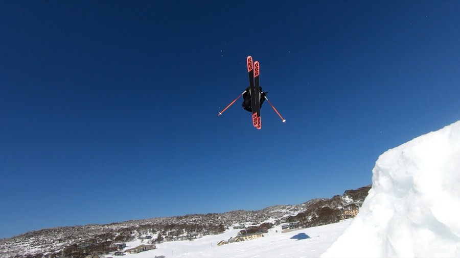 Miff Rennie mid-air during a freeski jump